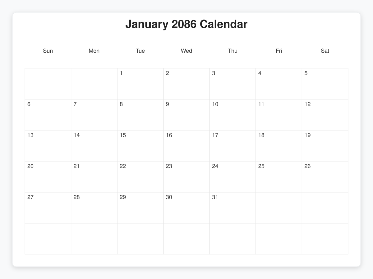 Printable January 2086 Calendars