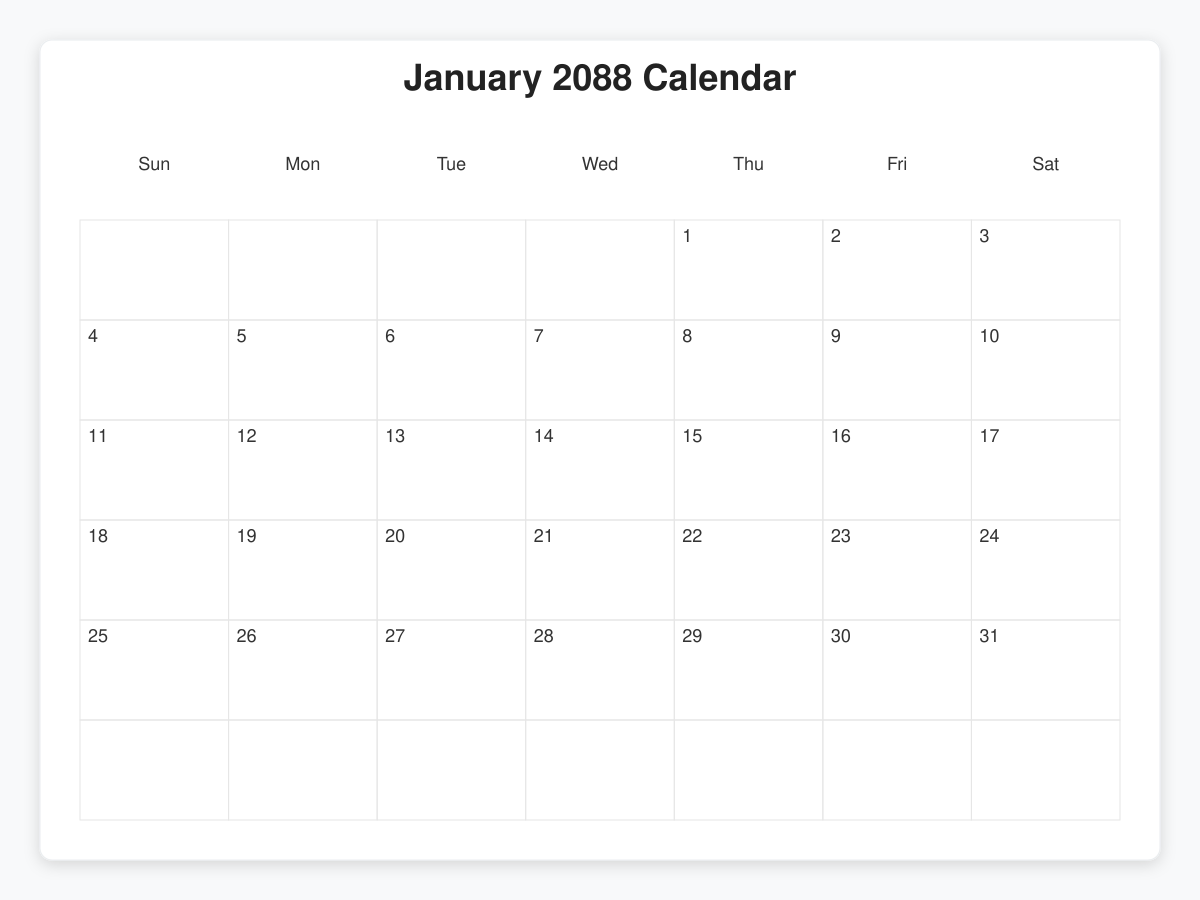 Printable January 2088 Calendars