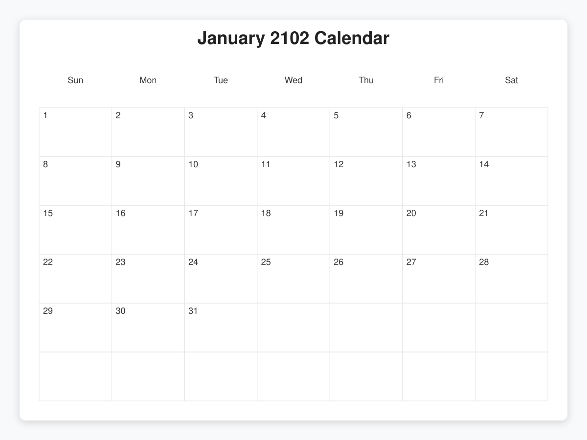 Printable January 2102 Calendars