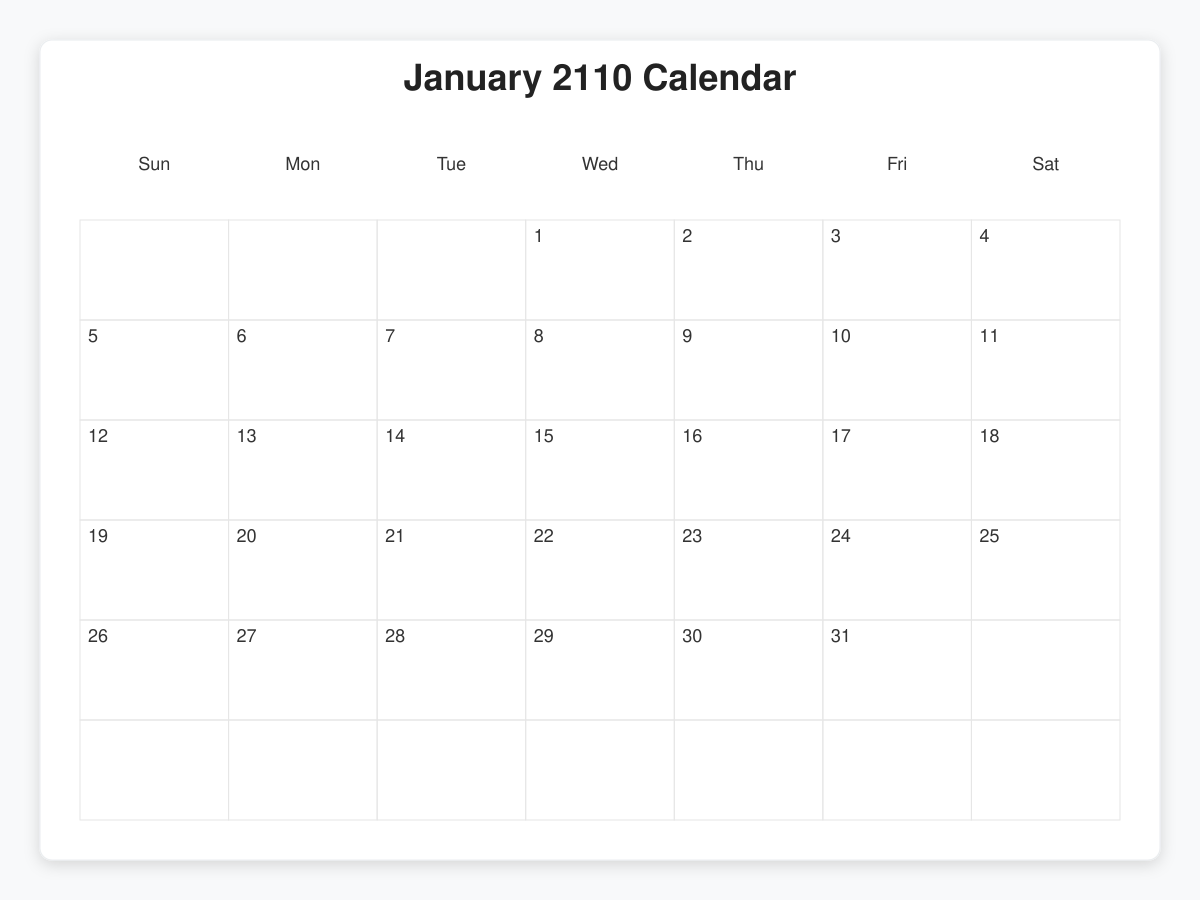 Printable January 2110 Calendars