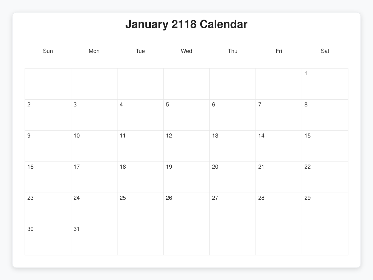 Printable January 2118 Calendars