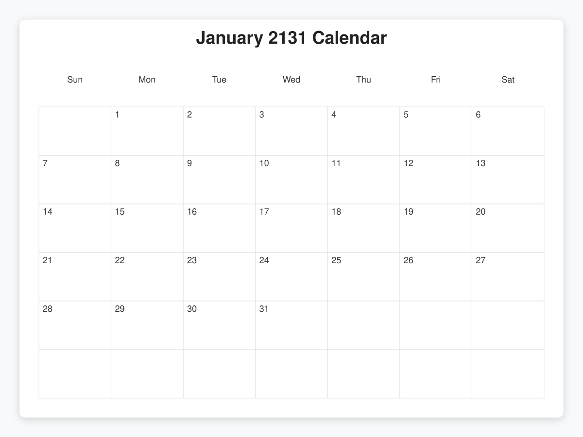 Printable January 2131 Calendars