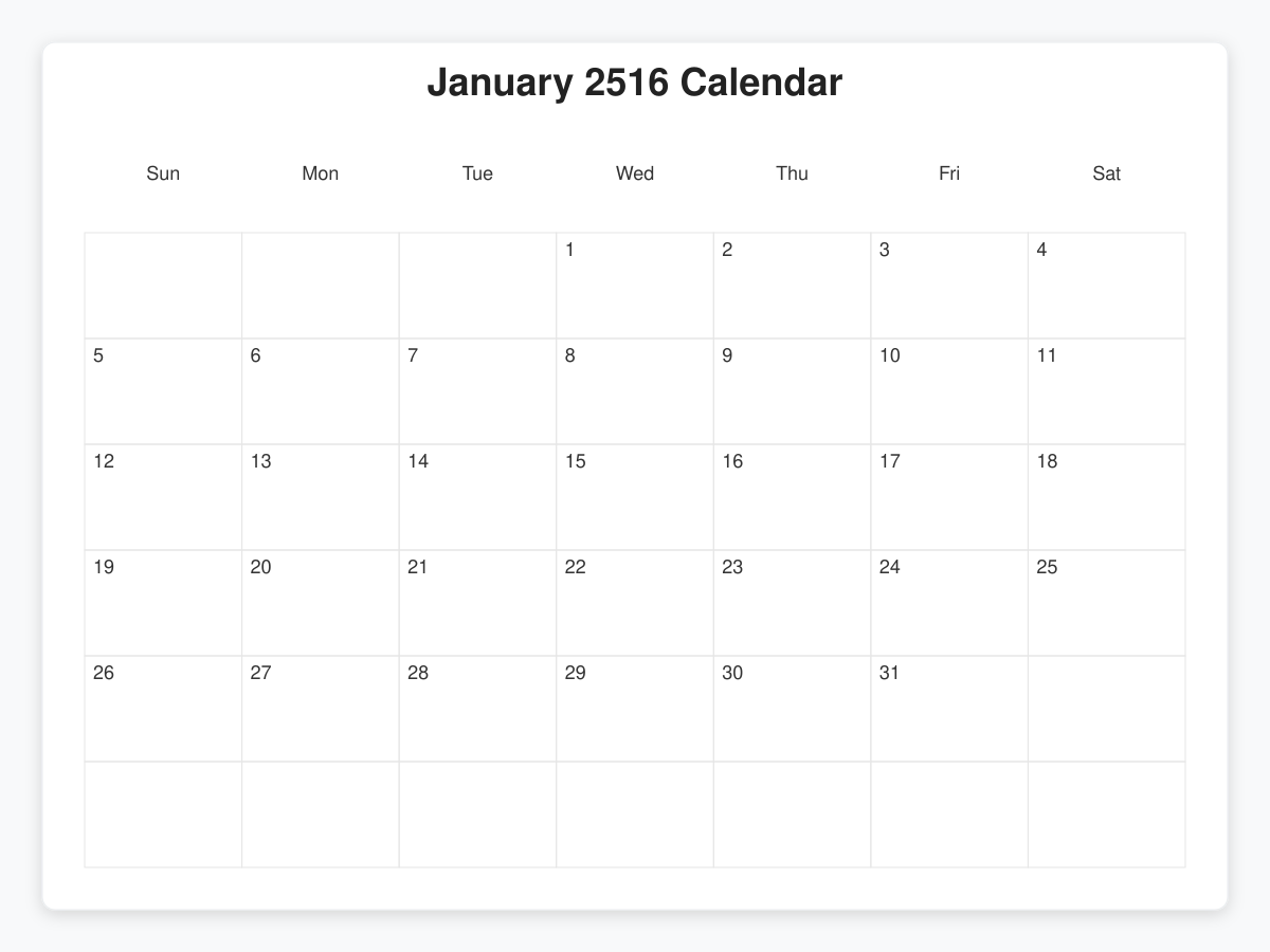 Printable January 2516 Calendars