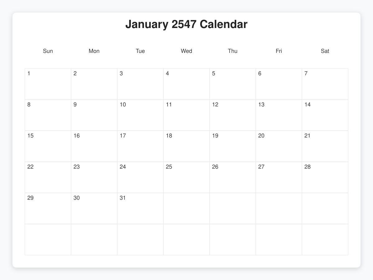 Printable January 2547 Calendars