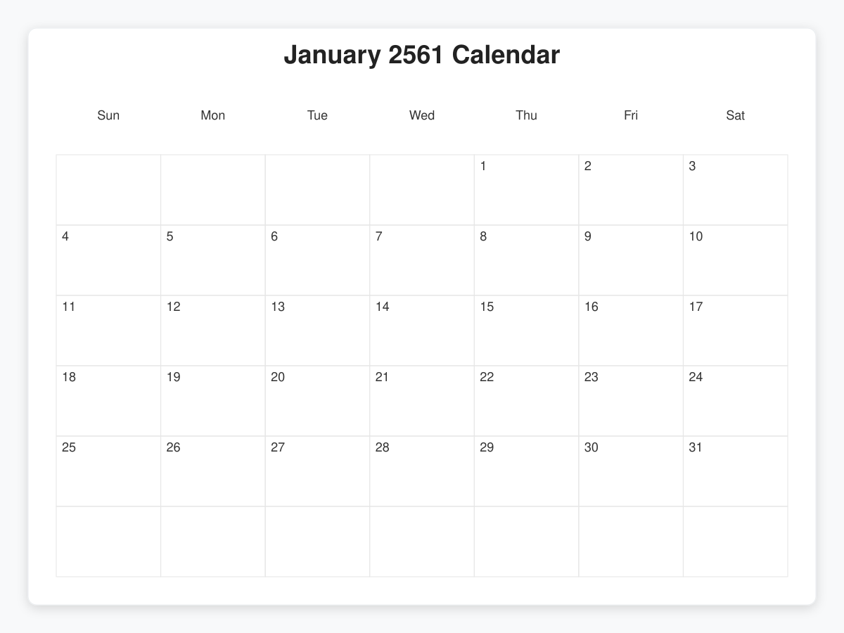 Printable January 2561 Calendars