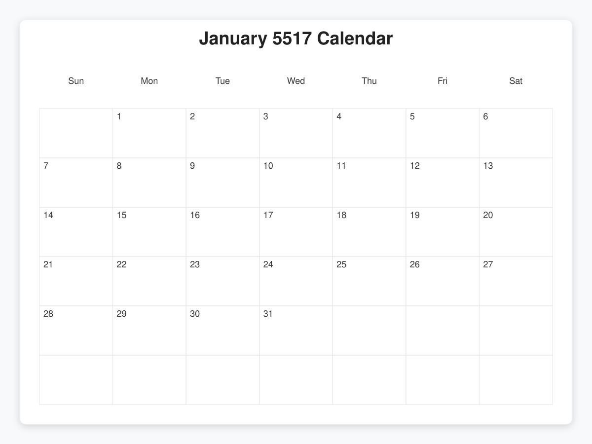 Printable January 5517 Calendars