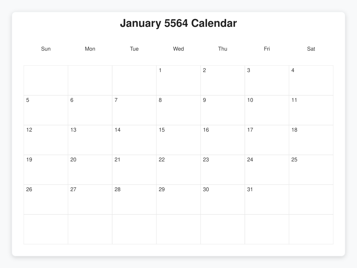 Printable January 5564 Calendars