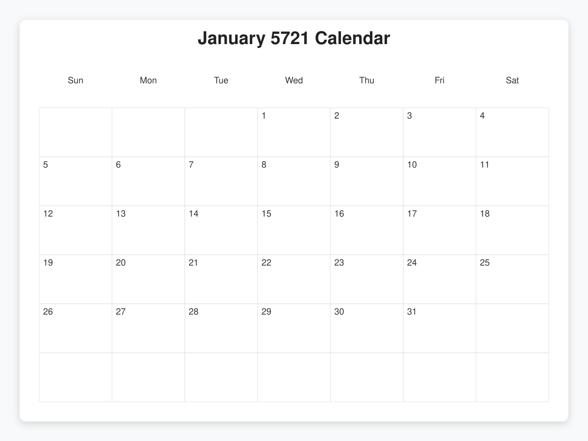Printable January 5721 Calendars