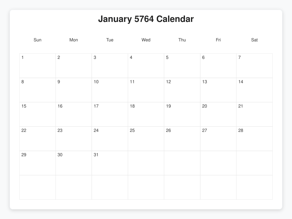 Printable January 5764 Calendars