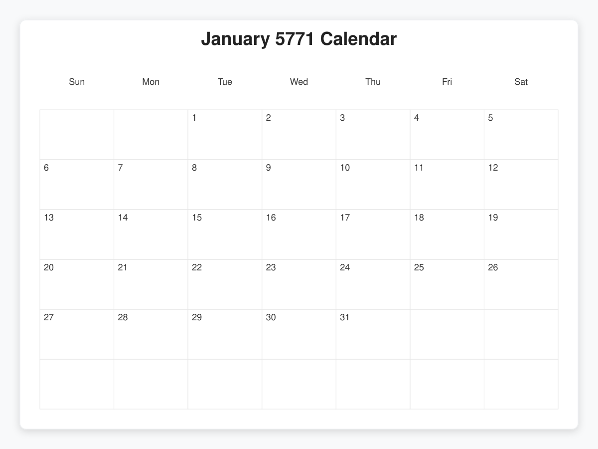 Printable January 5771 Calendars