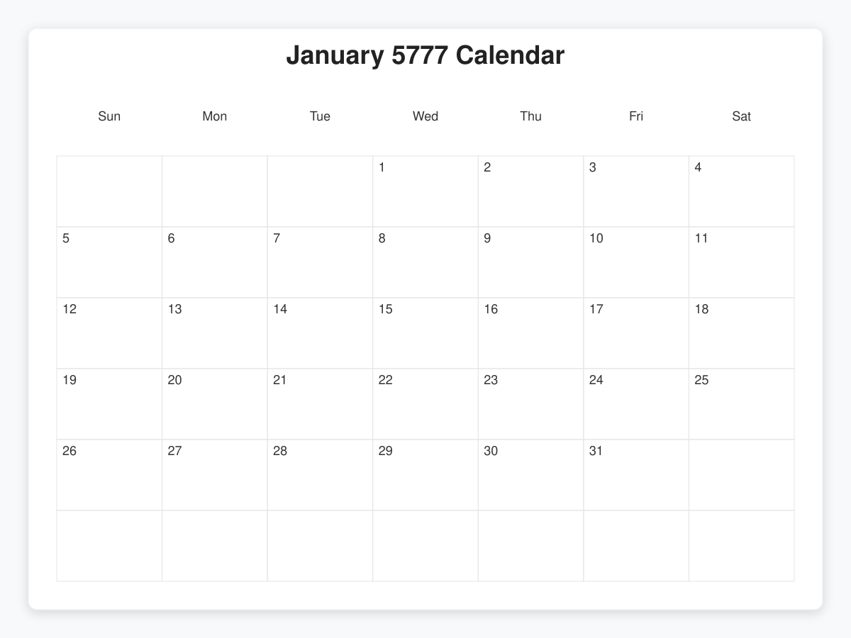 Printable January 5777 Calendars