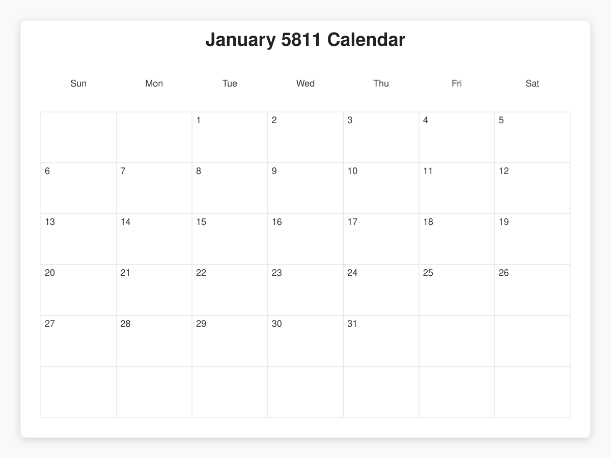 Printable January 5811 Calendars