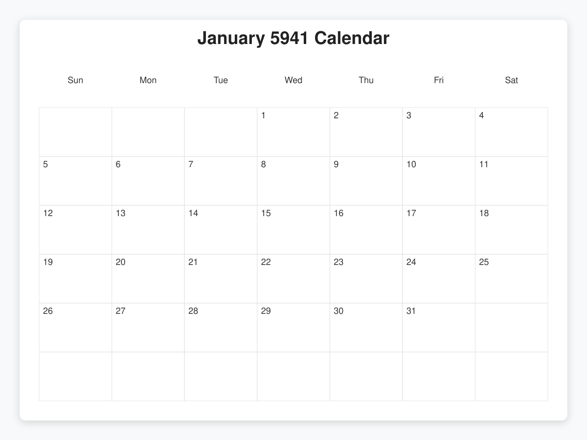 Printable January 5941 Calendars