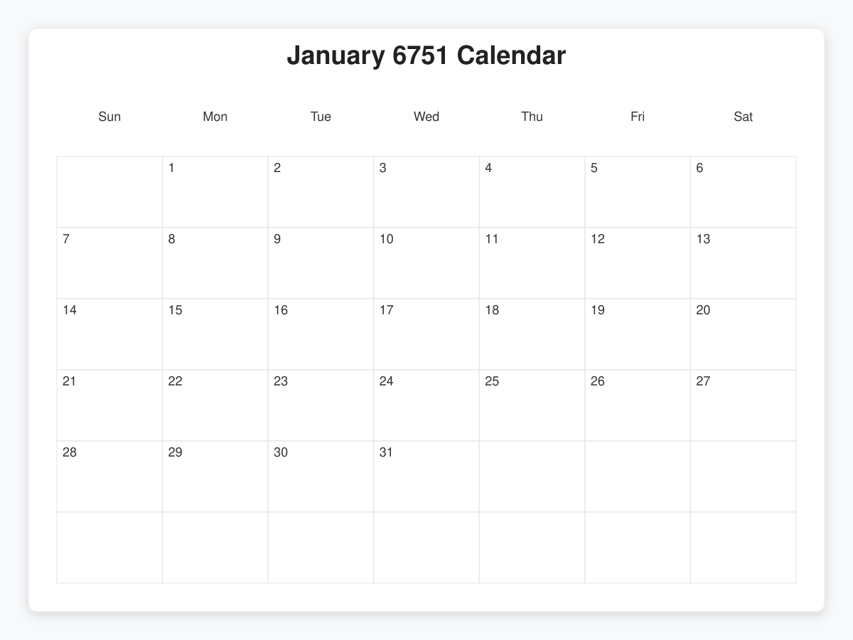 Printable January 6751 Calendars
