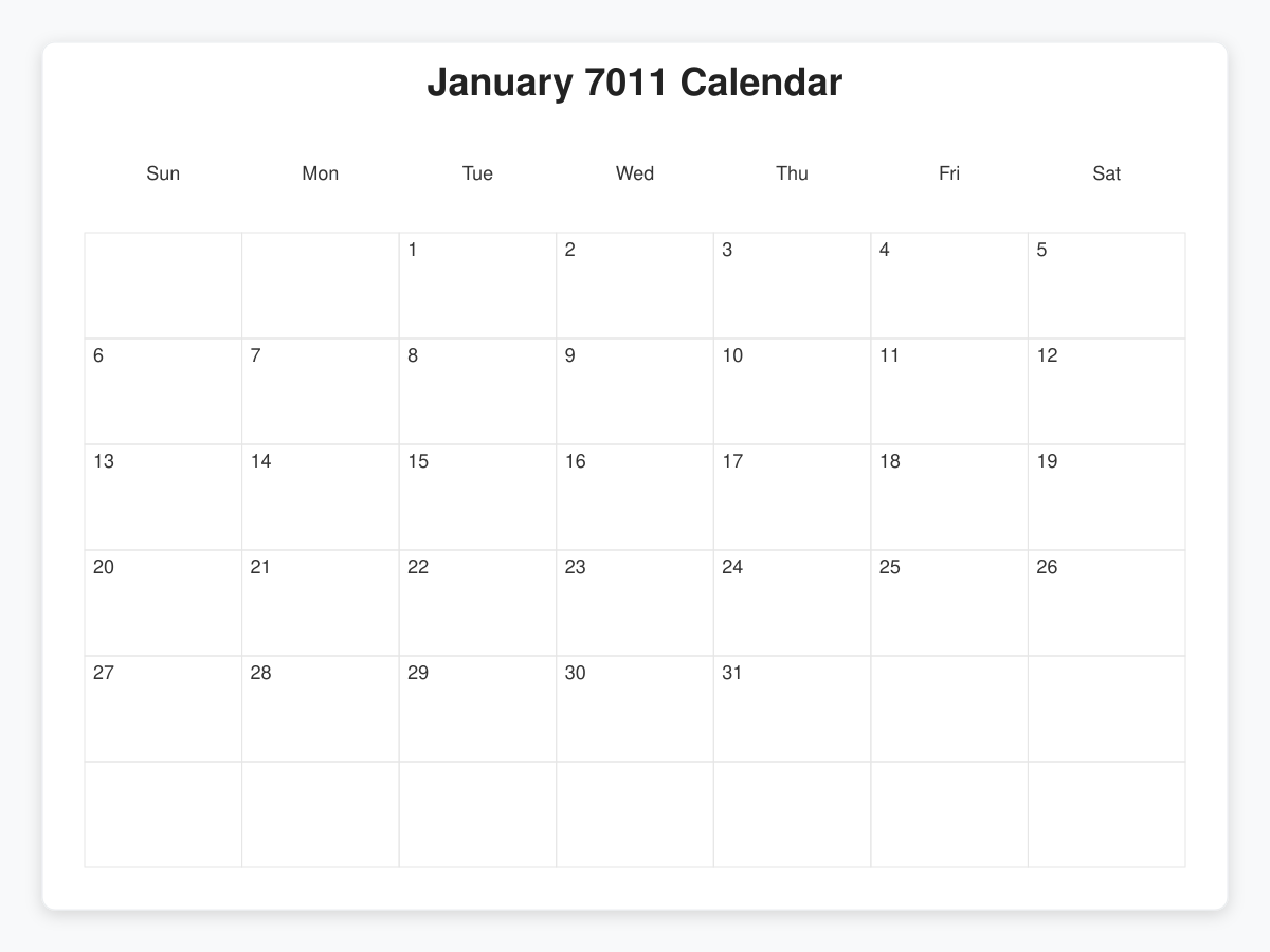 Printable January 7011 Calendars
