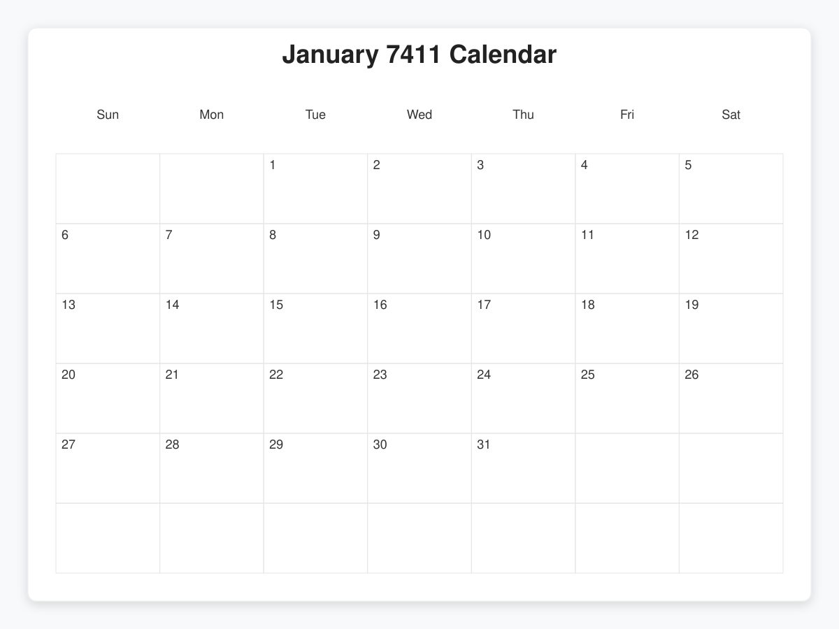 Printable January 7411 Calendars