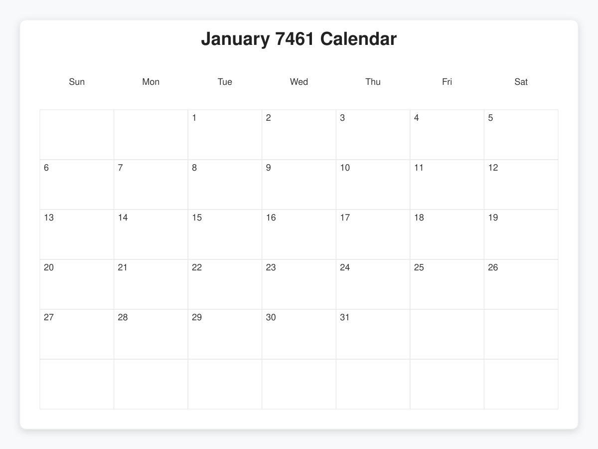 Printable January 7461 Calendars