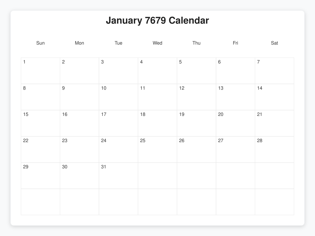 Printable January 7679 Calendars