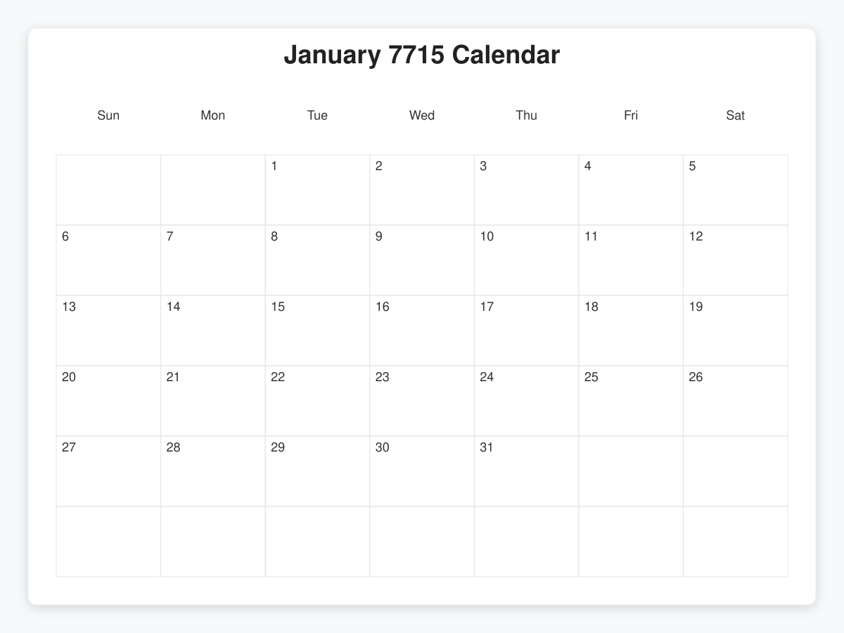Printable January 7715 Calendars