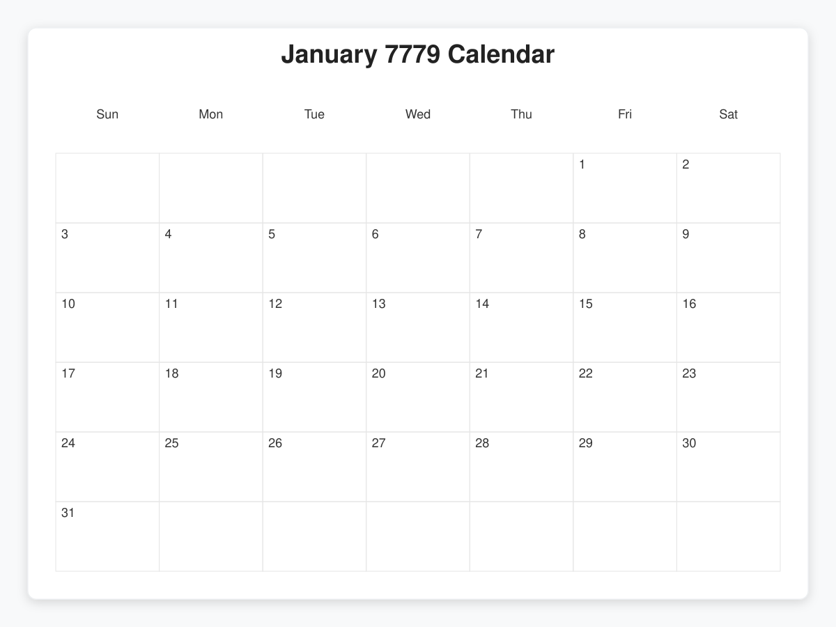 Printable January 7779 Calendars