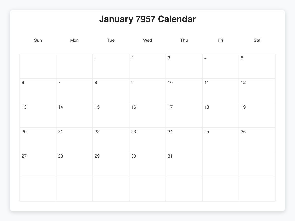 Printable January 7957 Calendars
