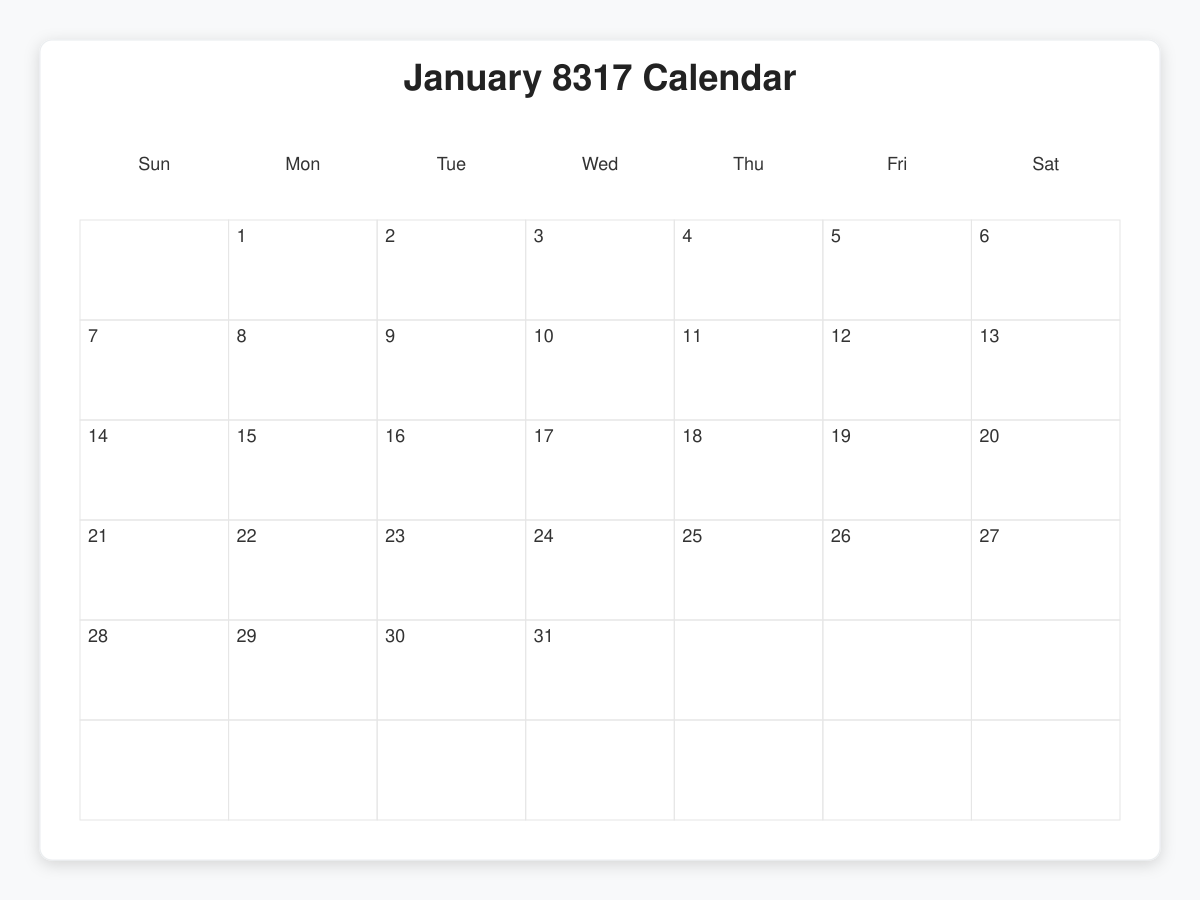Printable January 8317 Calendars