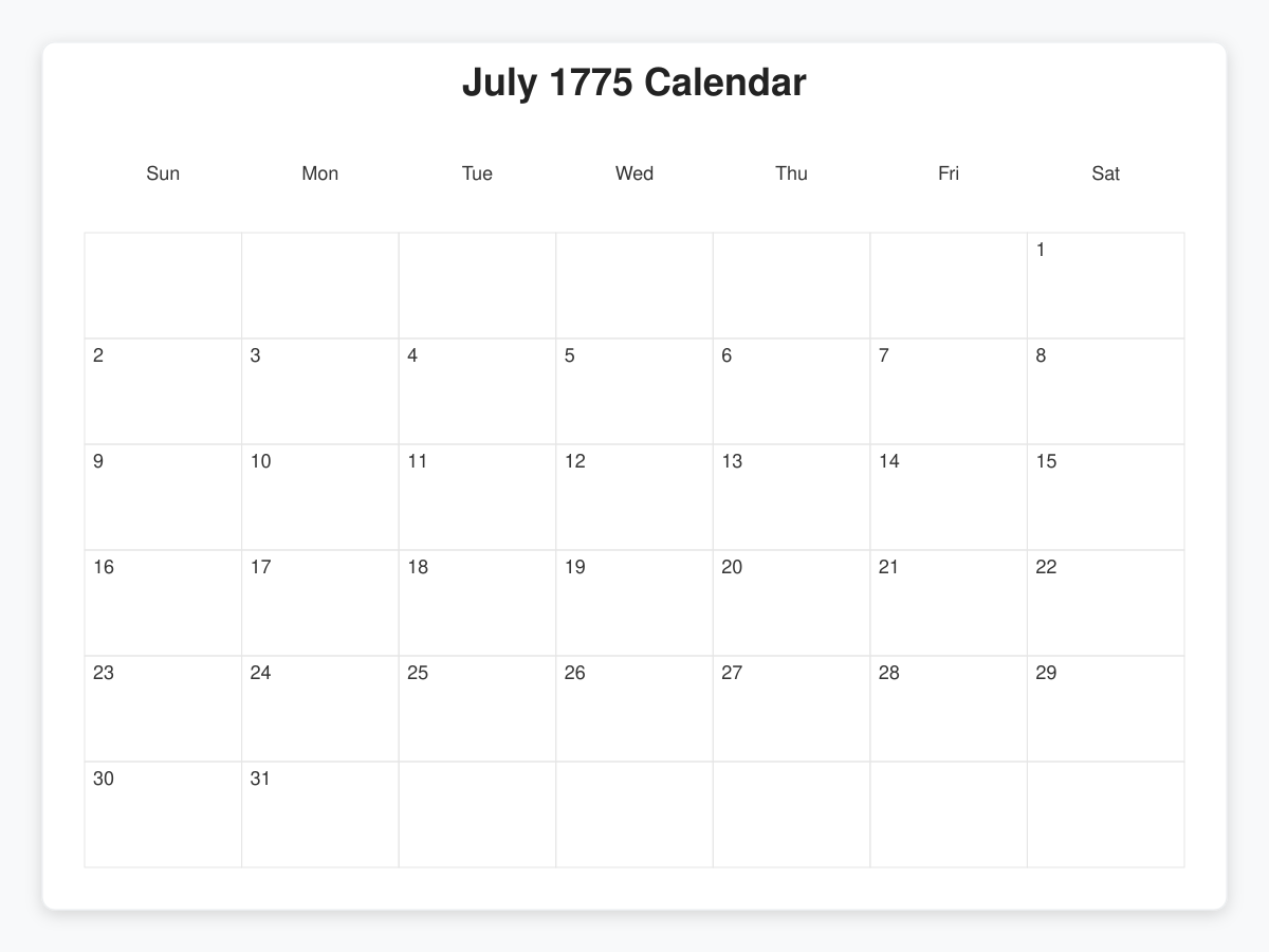 Printable July 1775 Calendars