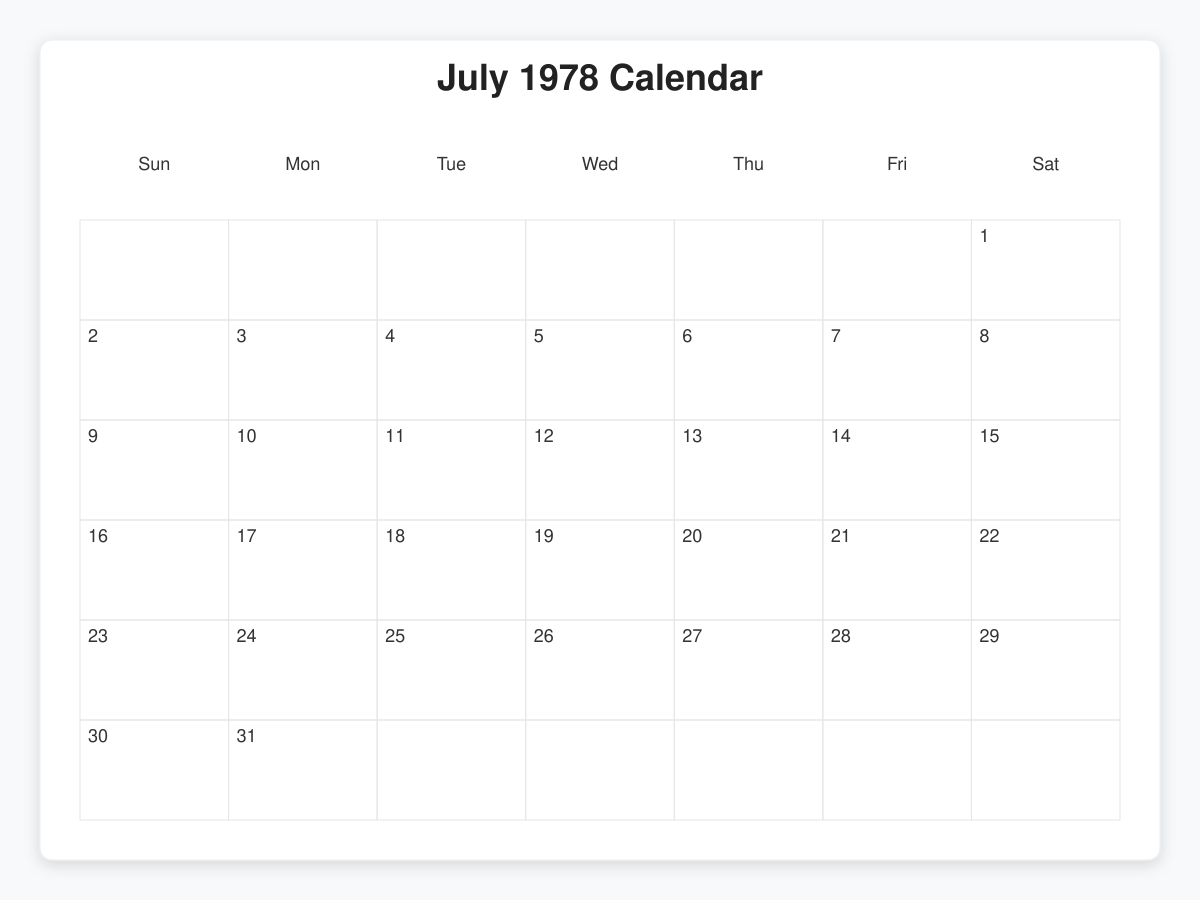 Printable July 1978 Calendars
