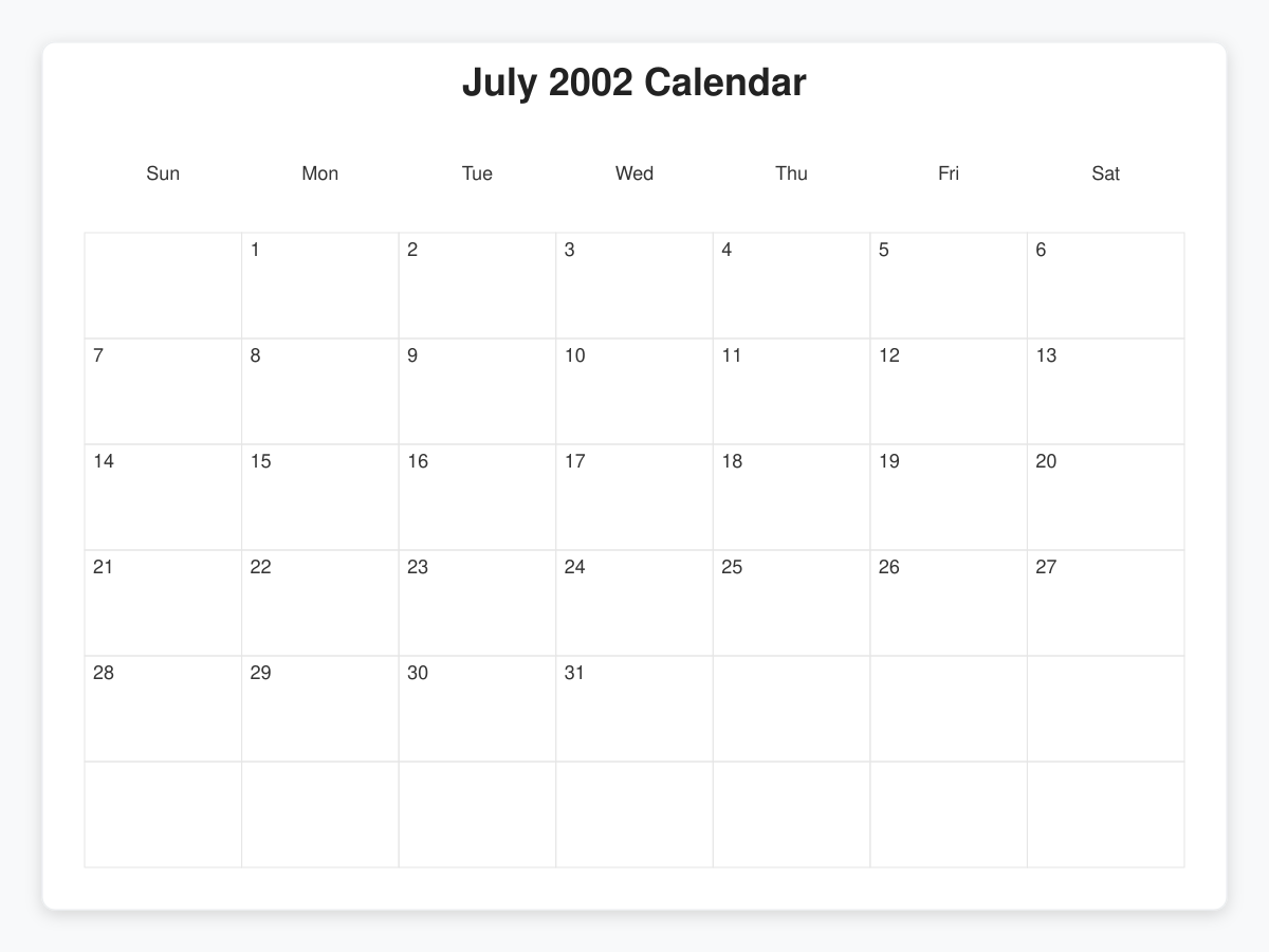 Printable July 2002 Calendars