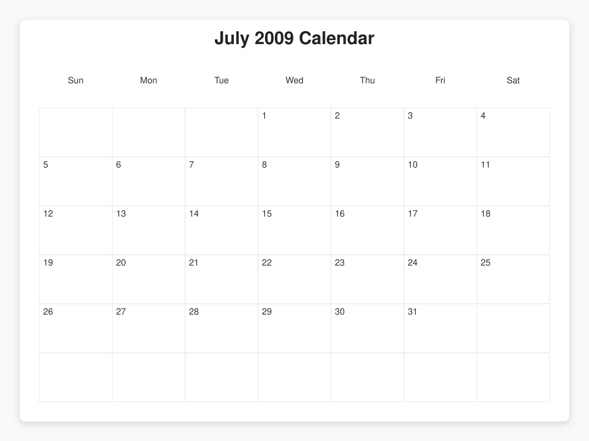 Printable July 2009 Calendars