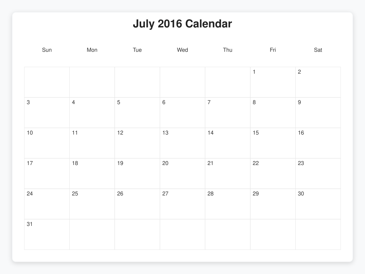 Printable July 2016 Calendars