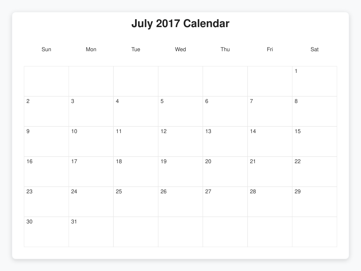 Printable July 2017 Calendars