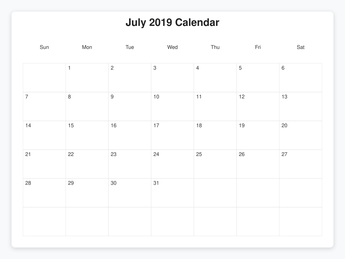 Printable July 2019 Calendars