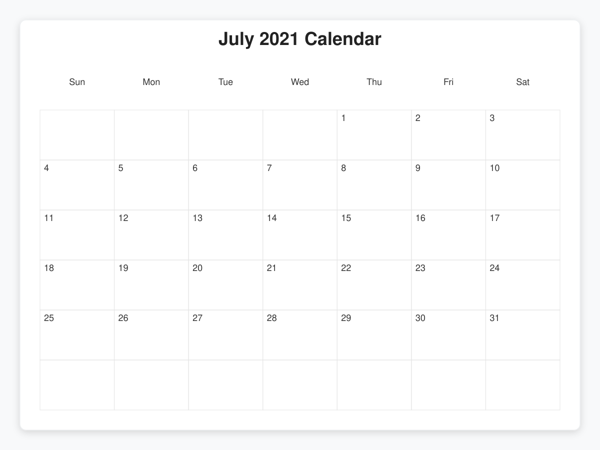 Printable July 2021 Calendars