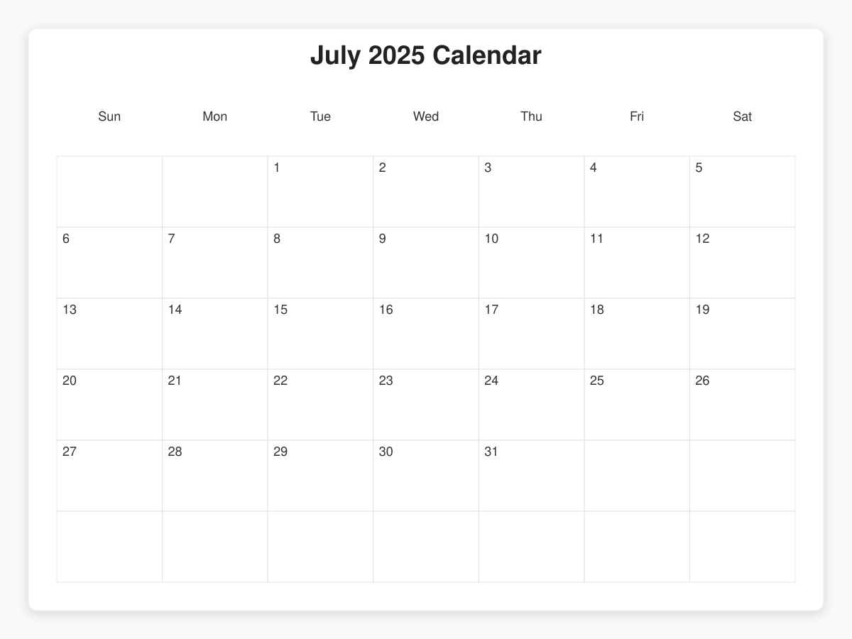 Printable July 2025 Calendars