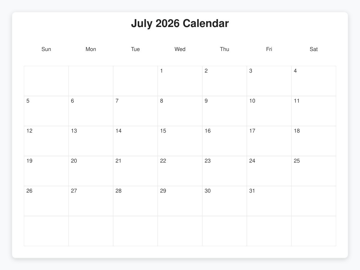 Printable July 2026 Calendars