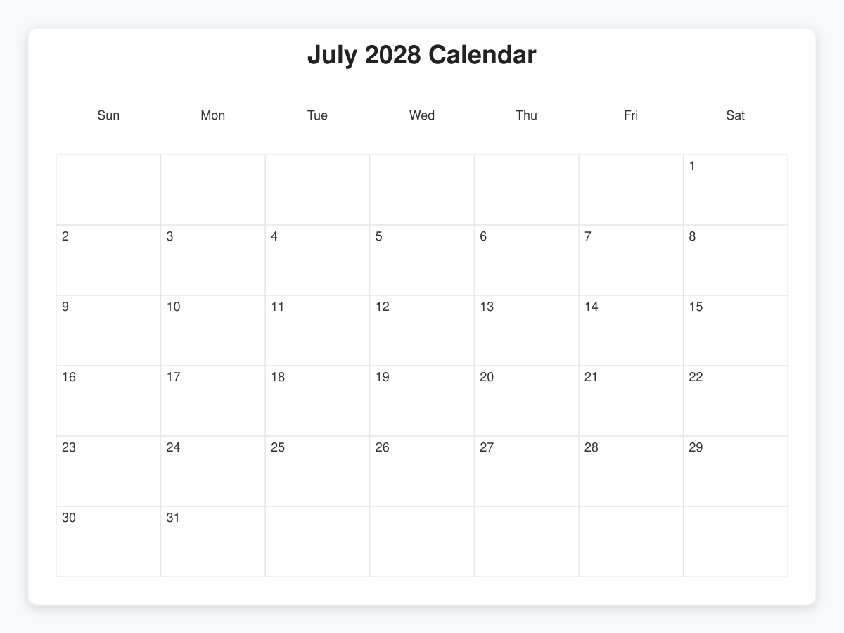 Printable July 2028 Calendars