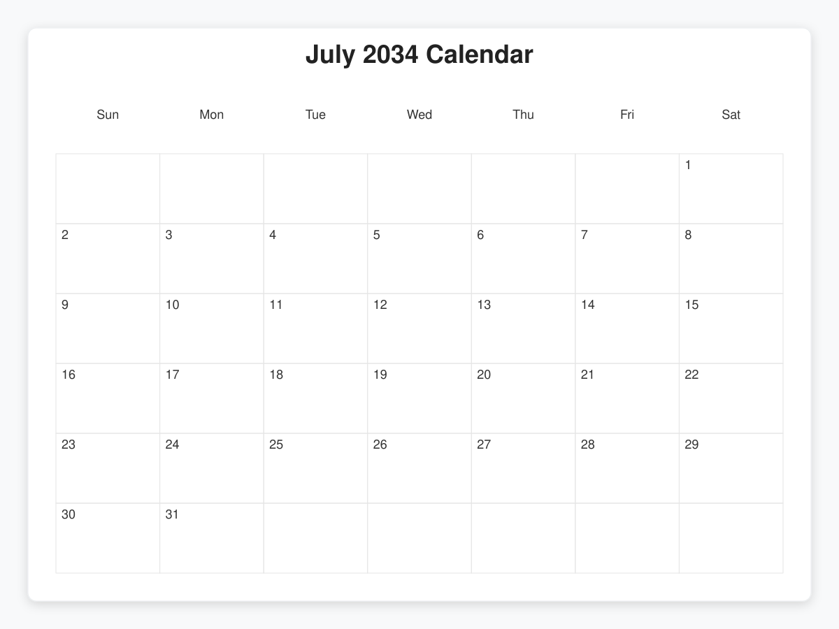 Printable July 2034 Calendars