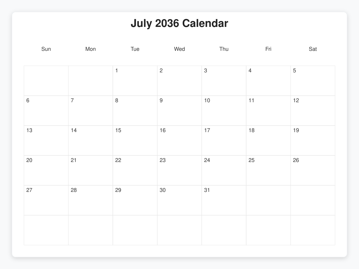 Printable July 2036 Calendars