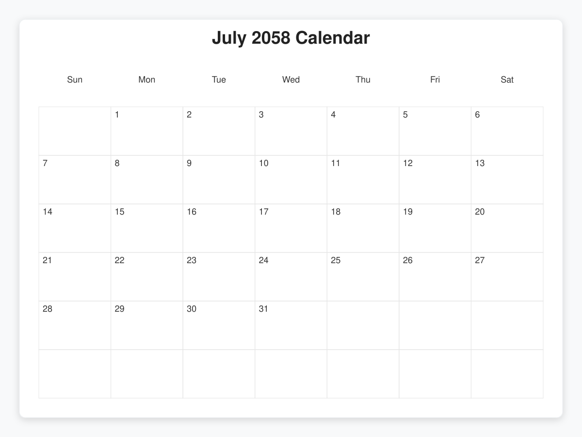 Printable July 2058 Calendars