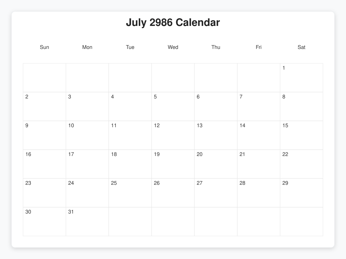 Printable July 2986 Calendars