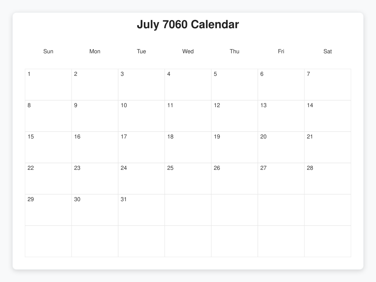 Printable July 7060 Calendars