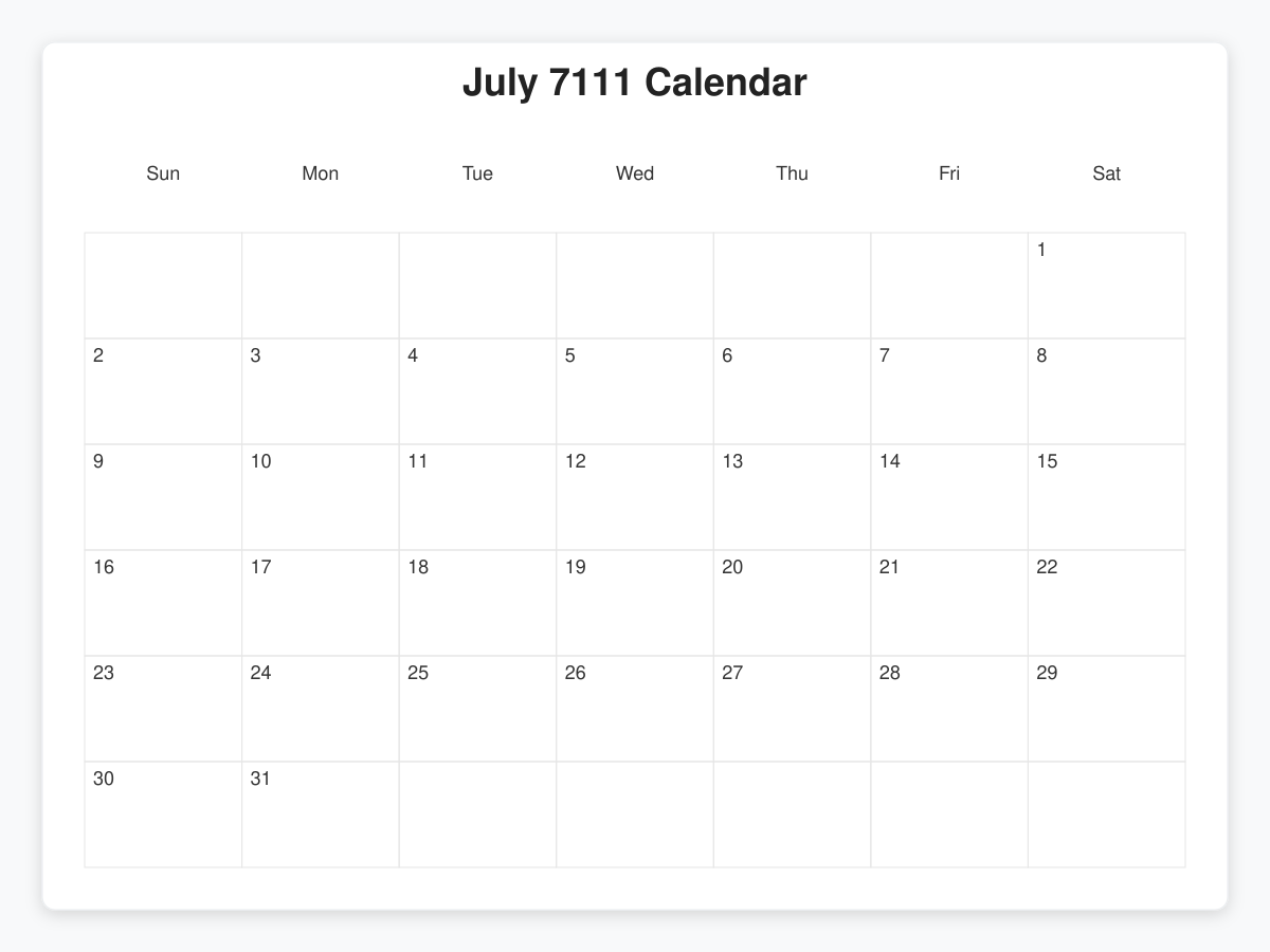 Printable July 7111 Calendars
