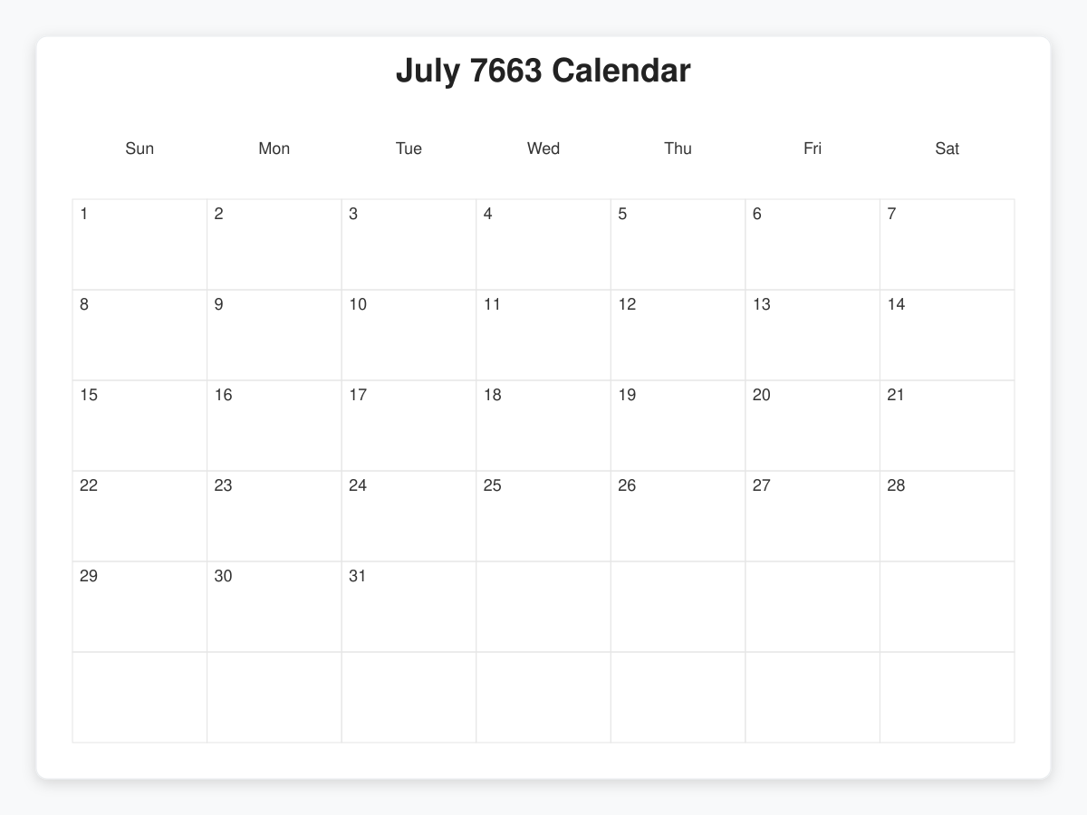 Printable July 7663 Calendars