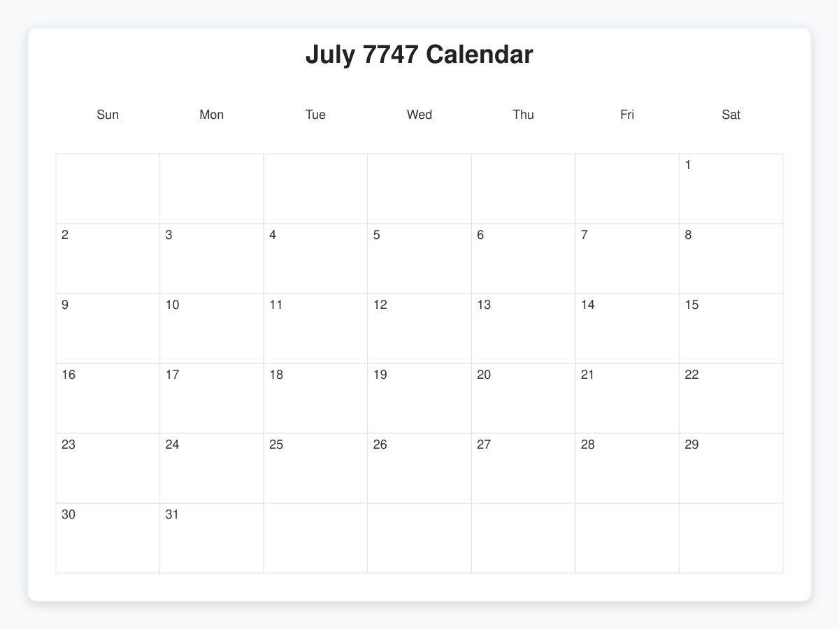 Printable July 7747 Calendars