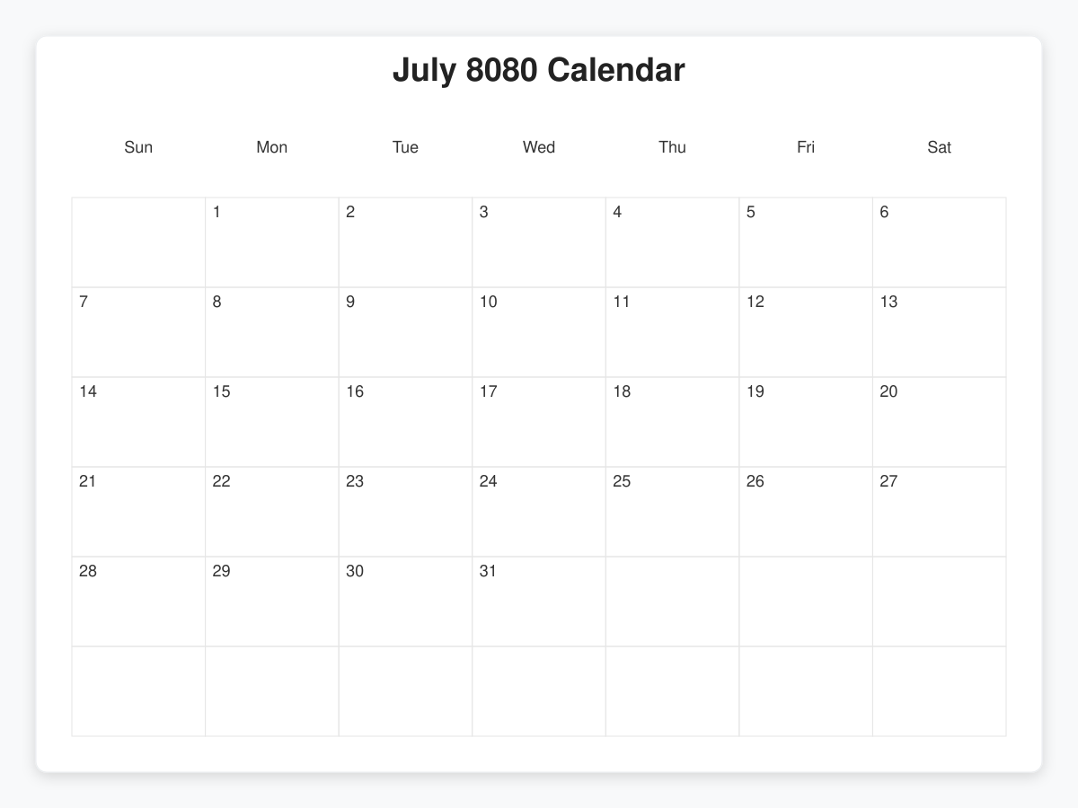 Printable July 8080 Calendars