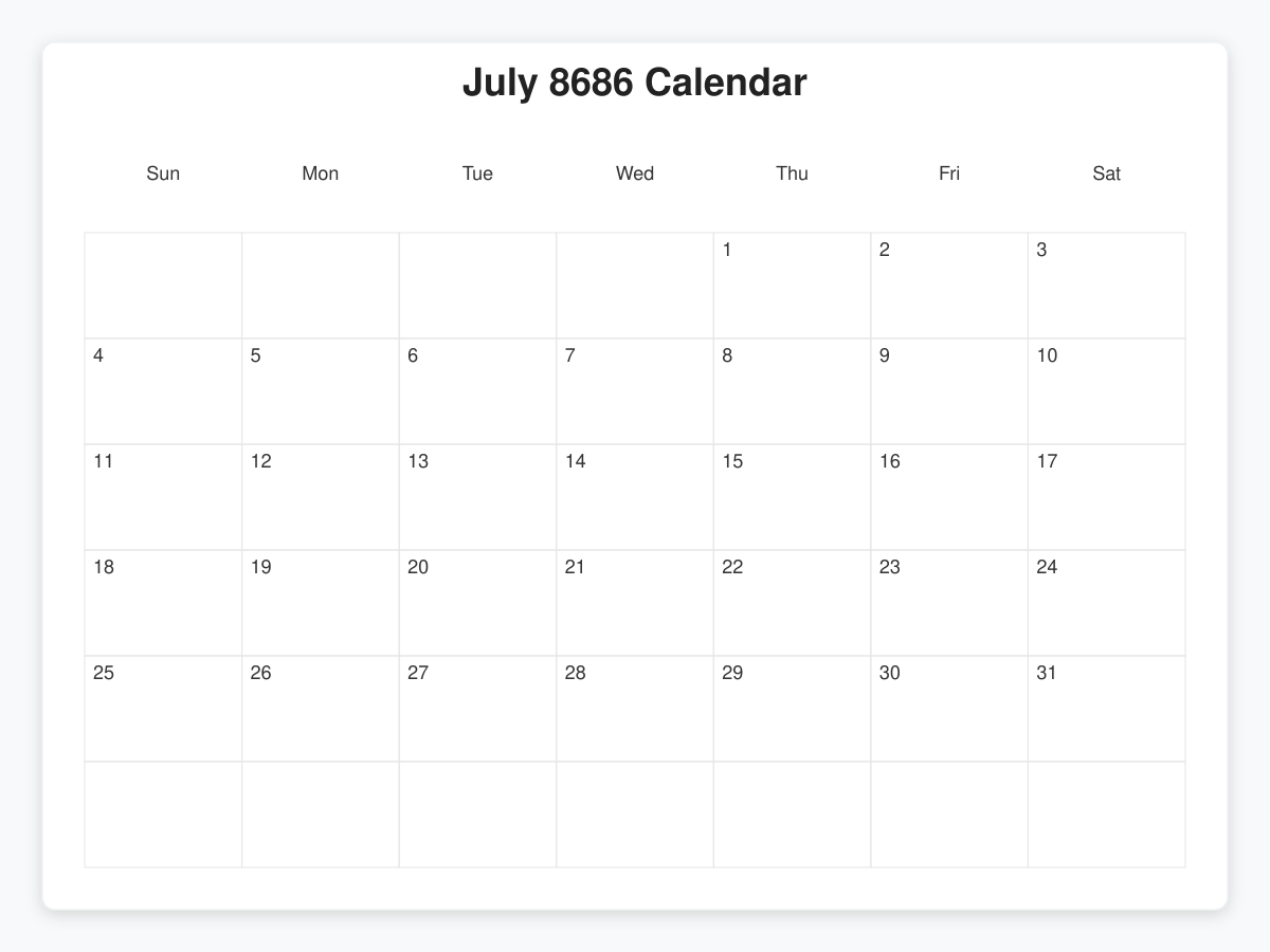 Printable July 8686 Calendars