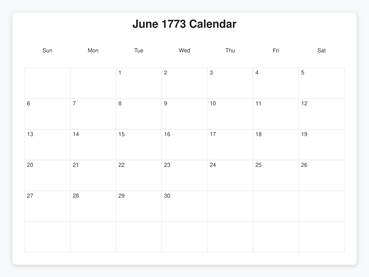 Printable June 1773 Calendars