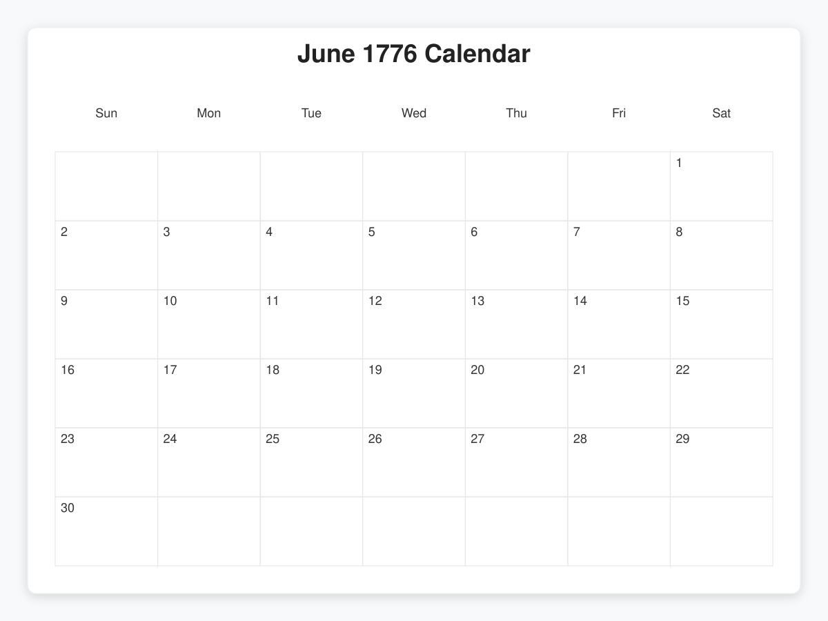 Printable June 1776 Calendars