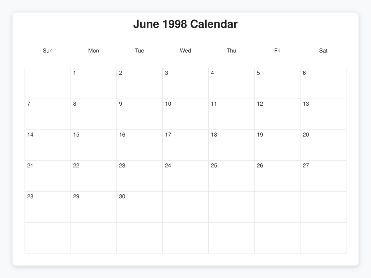 Printable June 1998 Calendars